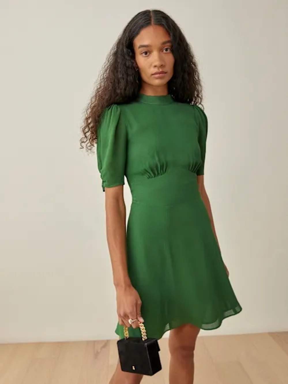 Reformation Maylin Dress Emerald Green Puff-Sleeve